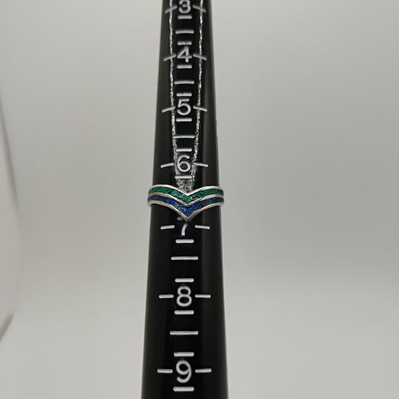 Turquoise and Lapis Chip Inlay Sterling Silver Ring Size 6.75 - Picture 5 of 8